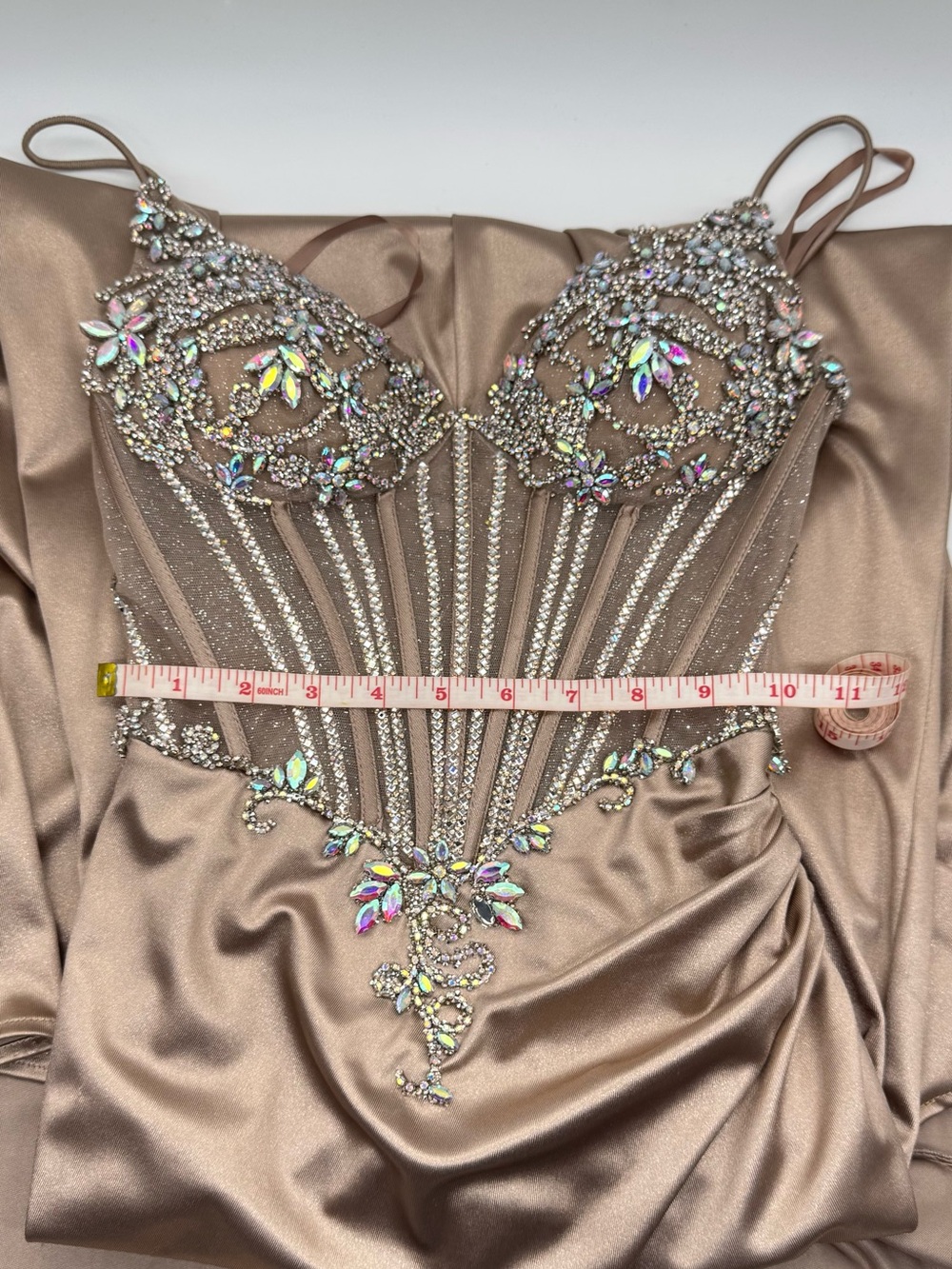 Ladivine Embellished Corset Satin Prom Dress Nude Mermaid Gown - Picture 8 of 13